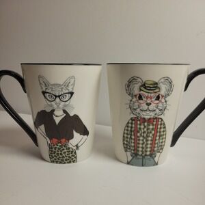 Set of 2 Signature Housewares Hipster Animals Cat & Mouse Coffee Mugs 16 oz